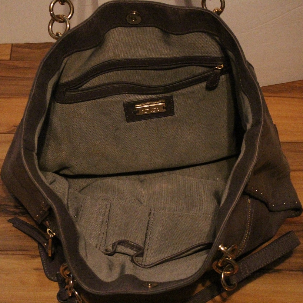 Badgley Mischka Warm Grey n Gold Leather Bag Purse - Picture 5 of 7